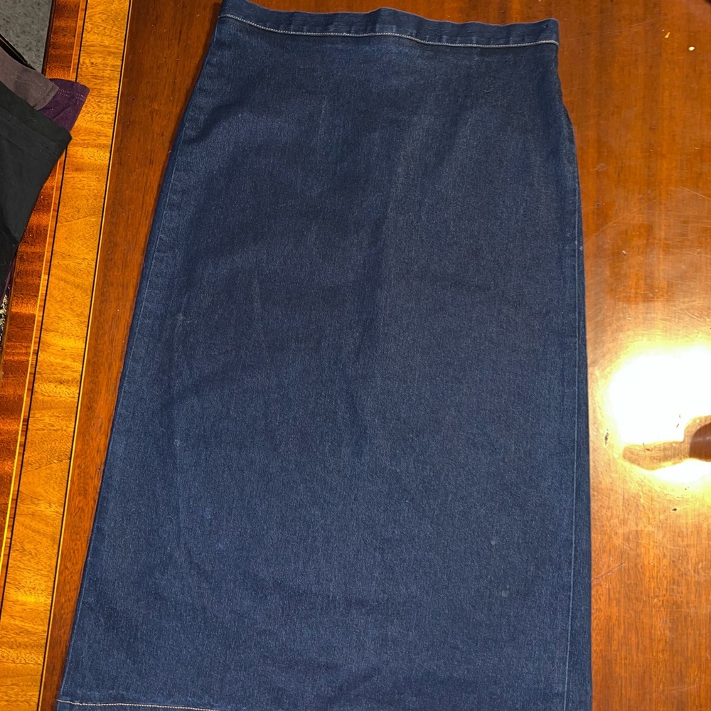 Dark Wash Denim Midi Skirt Modest Straight Pencil Skirt Stretch Size 7